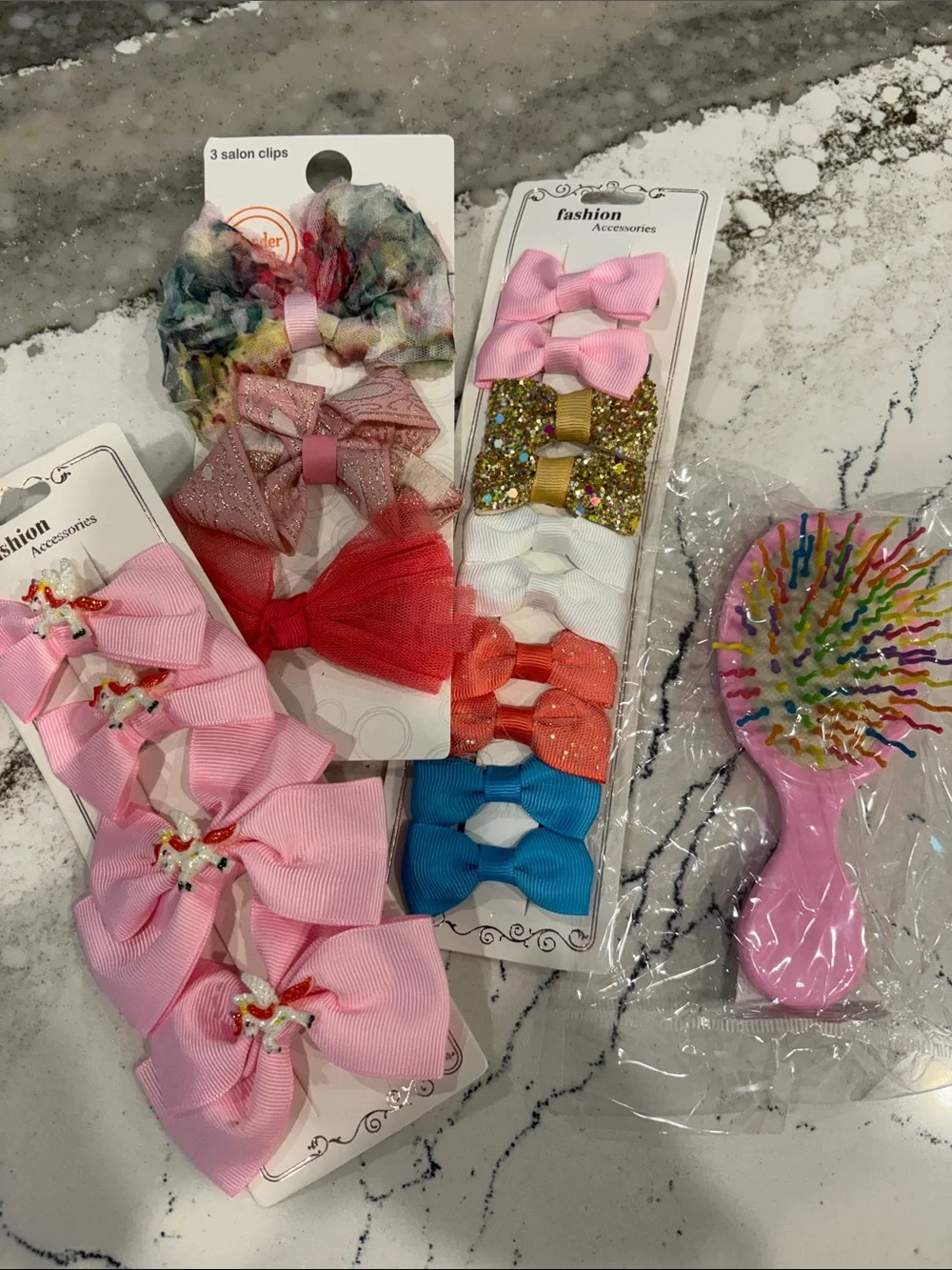Kids Hair Bow Set with Pink Detangler Brush -